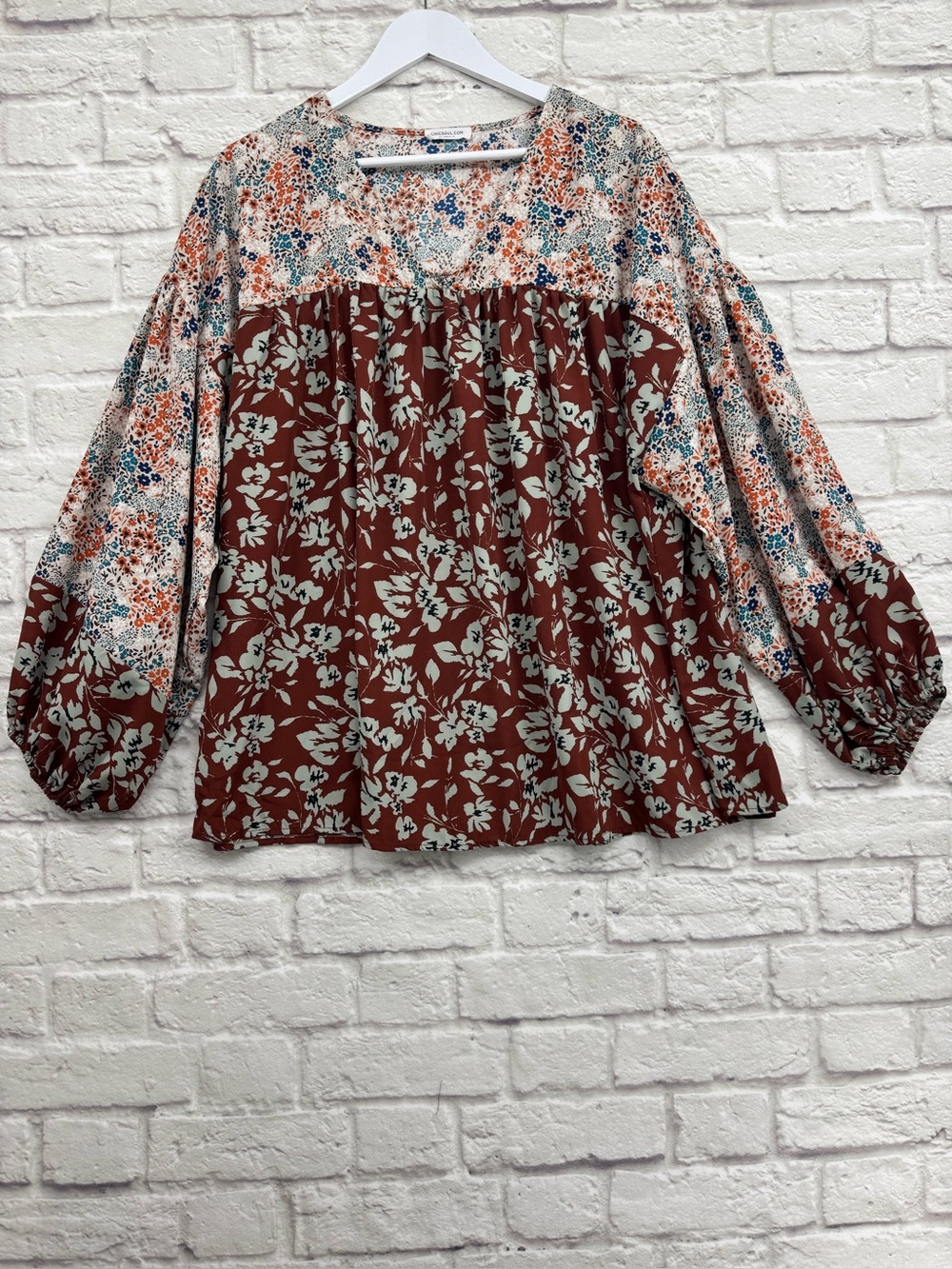 ChicSoul Floral Boho Peasant Blouse Size 2X Mixed Print Balloon Sleeve Top